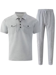 Men's Winter Solid Casual Fleece Knitted Short Sleeve Polo Shirt Set Customized Options Pockets Matching Pants Breathable High - Product Image 2