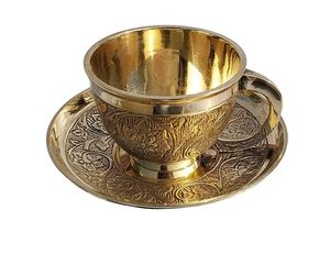 Handcrafted Brass Tea <b>Cup</b> <b>and</b> <b>Saucer</b> Set with Intricate Floral Engraved Design Vintage Gold Finish Decorative Coffee <b>Cup</b> Tea <b>cup</b> - Product Image 1