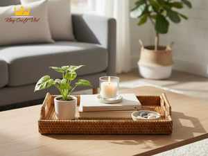 Plateau à couverts rectangulaire en rotin tressé à la main King Craft Viet avec compartiments - Product Image 5