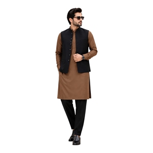 <b>Men's</b> Brown Cotton <b>Kurta</b> With Black Waistcoat Regular Fit Ankle-Length Traditional Indian Pakistani Casual Wear Wrinkle Free - Product Image 1