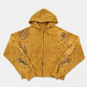 Sudadera con capucha para hombre, personalizada, de alta calidad, de fabricante, con efecto desgastado por el sol, de gramaje pesado 400 g/m², con lavado ácido vintage, corte holgado, con cremallera y pedrería, 100% - Product Image 1