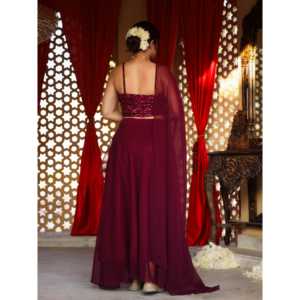 Sari indien de créateur pour femmes, couleur bordeaux, avec blouse à sequins, pour occasions de mariage, taille XS, en viscose. - Product Image 1