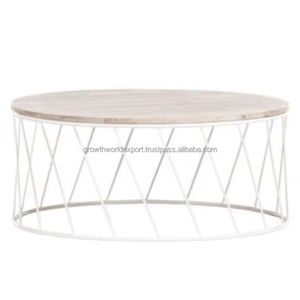 Mesa de Centro Moderna Redonda de Madera de Mango con Base de Alambre |   Superficie de Madera |   Mesa Decorativa para Sala de Estar |   Mesa Auxiliar Contemporánea - Product Image 1