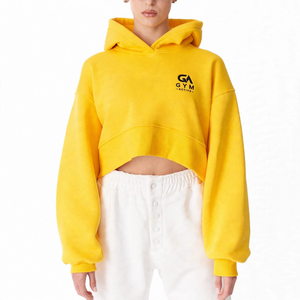 Sudadera con capucha para mujer GYM ACTIVE, amarilla, de manga larga, color sólido, informal, de forro polar, con logo frontal, estilo crop top. - Product Image 1