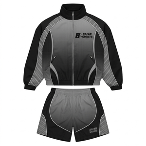 Women windbreaker short set 120 GSM polyester microfiber breathable <b>grey</b> black panel design custom heat transfer logo plus size - Product Image 1