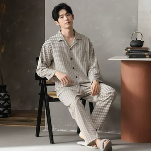 Ensemble de pyjama en coton pour homme, manches longues et coupe ample, deux pièces, respirant et confortable pour se détendre au printemps et en automne - Product Image 2