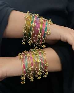 Premium Gold Plated Trendy Multi-Tone Glass & Pearl Kashmiri <b>Bangle</b> <b>Set</b> Ombre Finish Glitter Accents Traditional Wedding - Product Image 3