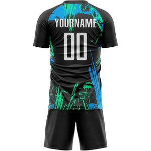 Conjunto de Uniforme de Fútbol Personalizado en Negro, Azul y Verde, Cuello Redondo, Manga Corta, Impresión Sublimada, Poliéster que Absorbe la Humedad, para Toda Temporada - Product Image 2