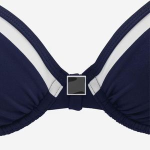 Conjunto de bikini de dos piezas para mujer, azul marino, liso, con cuello pronunciado, sujetador con aros, braga hipster, tirantes ajustables y ribete en contraste, 80% - Product Image 3