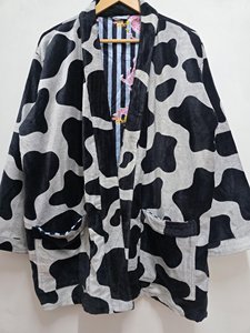 Abstract Floral Print Velvet <b>Kimono</b> 100% Cotton Long Sleeves Luxury Robe Morning Tea Coat - Product Image 3