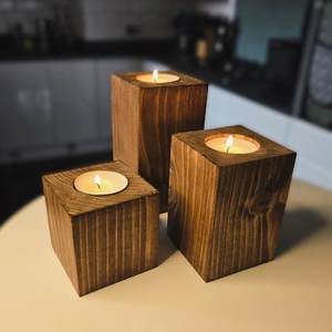 Ensemble de porte-bougies carrés en bois, support à bougies en bois naturel, décoration rustique pour la maison, centre de table - Product Image 3