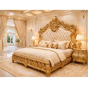 Juego de Cama King Size Maharaja de Estilo Italiano Clásico con Cabecera Tapizada, Muebles de Dormitorio de Lujo con Hojas de Oro Talladas - Product Image 1