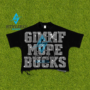 Nouvelle mode rue Hip-Hop en détresse ourlet T-Shirt personnalisé strass transfert oversize boxy recadrée graphique strass t-shirt - Product Image 1