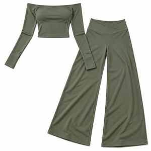 Women Solid Olive <b>Green</b> Shoulder <b>Long</b> <b>Sleeve</b> <b>Crop</b> <b>Top</b> Wide Leg Flare Pants Set Yoga Workout for Activewear Two Piece Outfit - Product Image 3