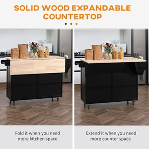 Isola da Cucina Moderna Nera con Ruote, in Rovere, con Piano Ribaltabile Regolabile, Cassetti Contenitori, Ante e Armadietti, Piano di Lavoro in Legno di Gomma - Product Image 5