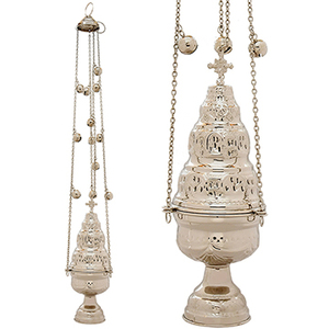 กระถางธูปทองเหลืองชุบนิกเกิลพร้อมกระดิ่ง 12 ตัว |   กระถางธูปสำหรับโบสถ์ - DOUBLE VEE EXPORTS - Product Image 1