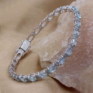 Pulsera de tenis de plata de ley 925 con gema de aguamarina azul natural y diamantes auténticos engastados en punta, certificada, regalo para ella - Product Image 1