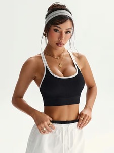 Sujetador deportivo para mujer con ribete en contraste, sin costuras, acanalado, top corto de gimnasio, con corte en T en la espalda y recortes, bralette para entrenamiento y yoga - Product Image 3