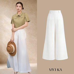 Pantalones Largos de Cintura Alta y Pierna Ancha para Mujer, Color Blanco, Corte Holgado Informal, Crepé, Estilo Verano KRISTINA - Product Image 1
