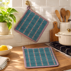Support de casserole moderne en coton tissé à carreaux bleu marine, résistant à la chaleur, lavable, avec boucle de suspension - Product Image 5