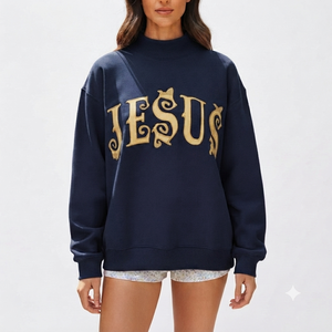 เสื้อสเวตเชิ้ตคอเต่าทรงโอเวอร์ไซส์สำหรับผู้หญิง ปักลายตัวอักษรพระเยซูสีทอง แขนยาว ผ้าถักนิตติ้ง ผ้าฝ้าย แฟชั่นฤดูใบไม้ร่วง - Product Image 1