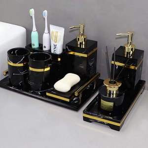 Ensemble d'accessoires de salle de bain modernes en verre : distributeur de savon liquide, porte-savon, porte-brosse à dents et organiseur de vanité décoratif - Product Image 2