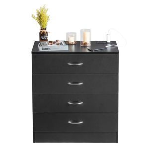 Comodino PB Wood Simple a 4 cassetti, stile moderno, in legno massello e vetro con porte USB e presa di corrente, nero, per camera da letto - Product Image 5