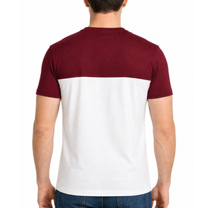 Camiseta clásica de cuello en V bicolor al por mayor, en rojo granate y blanco, con logo personalizado y diseño colorblock. - Product Image 4