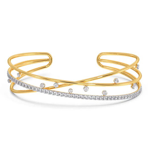 Crossed Wave Diamond Cuff Bracelet with Yellow Gold Open <b>Frame</b> and <b>Floating</b> Sparkle Design - Product Image 2