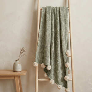 Plaid en coton slub terracotta 130x170 cm, style bohème, tissé uni, lourd, avec pompons et franges, toucher doux, pour la décoration - Product Image 3