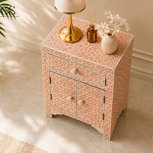 Bone Inlay Solid Wood Nightstand <b>Side</b> <b>Table</b> Accent Cabinet Floral Pattern Modern Design Bedside <b>Storage</b> for Bedroom Entry Hotel - Product Image 2
