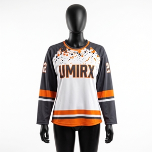 Maillot de hockey personnalisé pour femmes, manches raglan, col en V, 100% polyester, sublimation effet éclaboussures de peinture, nom et numéro de l'équipe de hockey sur glace - Product Image 1