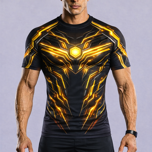Men's <b>Brown</b> Blue Geometric Compression Shirt Short Sleeve Quick Dry Polyester Rash Guard Top - Product Image 5