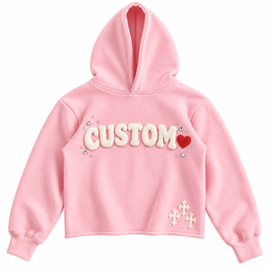 <b>Pink</b> Winter Oversized Heavyweight 100% Cotton Discharge Pullover <b>Hoodie</b> Embroidered Rhinestone Embellishments Unisex Fleece - Product Image 1