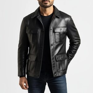 Veste en cuir noire pour homme, style workwear, col rabattu, simple boutonnage, poches, coupe classique, pour l'automne - Product Image 4