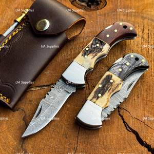 Wholesale Best Price Industrial Grade Damascus Steel Clip Point Hunting Camping Folding Pocket Knife OEM EDC with Leather Pouch - Product Image 5