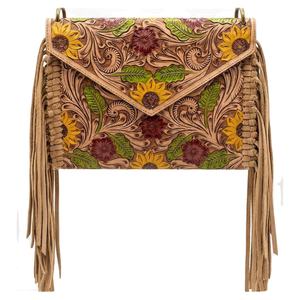 Bolso de mano tipo sobre de cuero genuino hecho a mano y con grabado artesanal, con flecos, diseño de girasol, estilo bohemio occidental, cierre de botón - Product Image 1