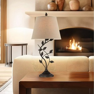 Lampe de table en fer à motif feuille avec abat-jour en tissu, éclairage chaleureux, lampe de chevet sans fil pour la décoration de la chambre et du salon - Product Image 2