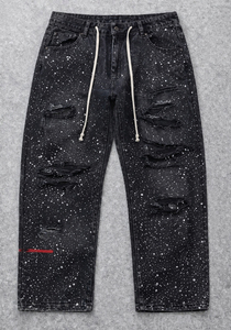 Vaqueros de hombre de pierna recta con lavado ácido personalizado, estilo streetwear, de alta calidad, vintage, desgastados, con pedrería en toda la prenda. - Product Image 2
