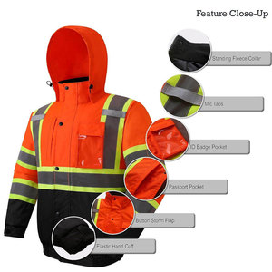 เสื้อแจ็คเก็ตทำงานสะท้อนแสงสำหรับผู้ชาย สีส้ม-ดำ มีฮู้ด ผ้าโพลีเอสเตอร์กันฉีกขาด แถบสะท้อนแสงเพื่อความปลอดภัย ซิปด้านหน้า ได้รับการรับรองมาตรฐาน CE - Product Image 4