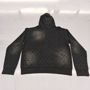 Sweat à capuche zippé pour homme, coupe ample, en molleton épais, style vintage, délavé soleil et à l'acide, avec broderie de patch et strass, logo personnalisé - Product Image 2