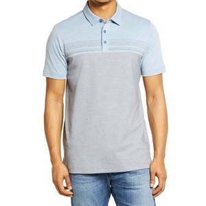 Polo à manches courtes pour homme, bleu clair et gris, à blocs de couleur, en coton piqué respirant, coupe décontractée, design rayé - Product Image 1