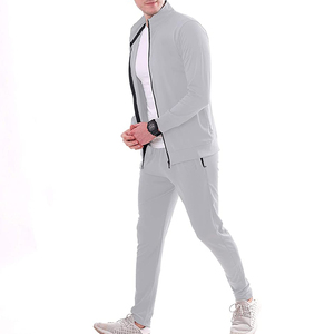 Men's Gray Full Zip <b>Tracksuit</b> Set Quick Dry Sporty Casual Autumn Wear Solid Color Long Sleeve With Side Pockets - Product Image 1