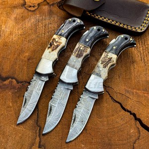 Couteau pliant artisanal en acier Damas avec verrouillage arrière, manche en corne de cerf et bois noir, lame droite, qualité industrielle, vente en gros OEM - Product Image 1