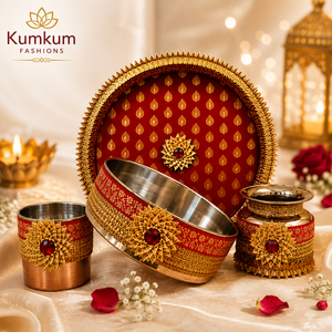 Ensemble de thali de prière Karwa Chauth tendance, fait main en Inde, avec Lota en acier, kit cadeau pour rituels nuptiaux Sargi, idéal pour le Nouvel An chinois et Diwali - Product Image 1