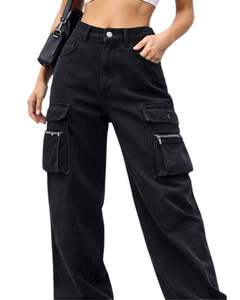 Vaqueros Cargo Negros Personalizados de Cintura Alta y Pierna Ancha con Múltiples Bolsillos, Estilo Urbano, Pantalones Casuales Holgados para Mujer, OEM Personalizado - Product Image 1