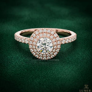 Anillo de compromiso de oro rosa de 9K, 10K, 14K, 18K con doble halo de moissanita para mujer, corte redondo, pavé, anillo nupcial, joyería de lujo para promesa - Product Image 1