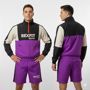 Ensemble de survêtement coupe-vent deux pièces Rexfit Sports de haute qualité pour hommes – Veste zippée et short en nylon – Vente en gros - Product Image 4