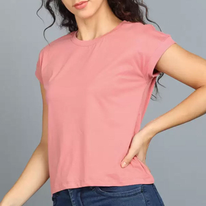 Camiseta de algodón rosa para mujer, cuello redondo, manga corta, a cuadros, informal, corte regular, tela jersey transpirable, con cremallera, botones y diamantes - Product Image 2