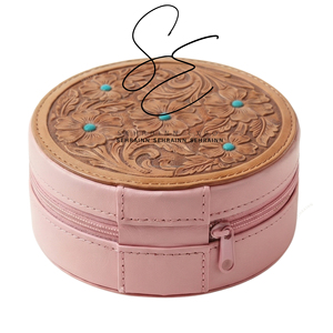 2026 NEW for Rustic Western Leather Jewelry Organizer <b>Box</b> Handmade Floral <b>Tooled</b> Cowhide Case Zipper Velvet Lining Rings - Product Image 4